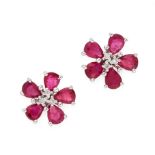 A PAIR OF RUBY AND DIAMOND CLUSTER EARRINGS in 18ct white gold, set with round cut diamonds in a