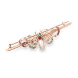 AN ANTIQUE GEMSET BUTTERFLY BROOCH set with pearls, round cut rubies and emeralds, 6.7cm, 5.6g.