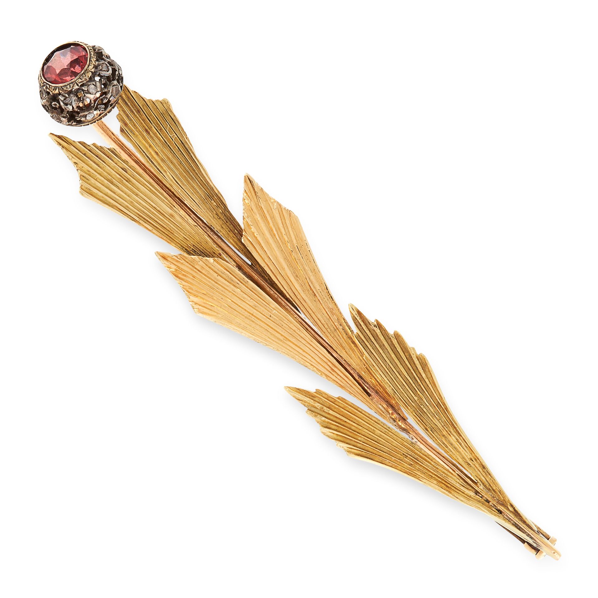 A GARNET AND DIAMOND FLOWER BROOCH, BUCCELLATI in yellow gold, the flower set with a round cut