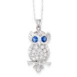 A DIAMOND AND SAPPHIRE OWL PENDANT AND CHAIN in 18ct white gold, designed as an owl, set with