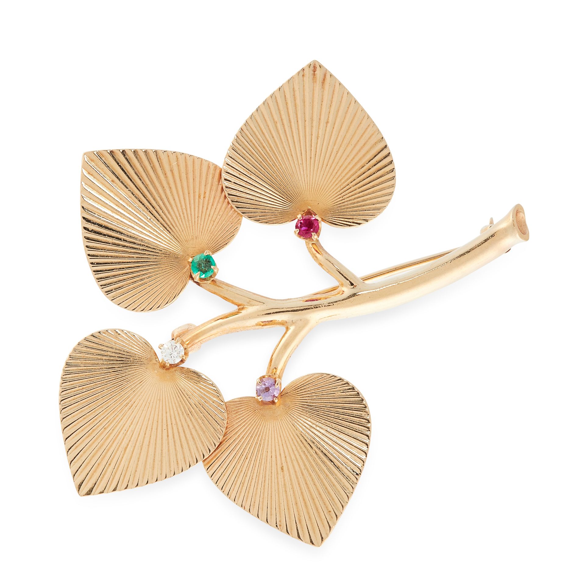 A RUBY, DIAMOND, EMERALD AND AMETHYST LEAF BROOCH, TIFFANY & CO in 14ct yellow gold, designed as a