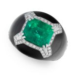 AN EMERALD, DIAMOND AND ONYX BOMBE RING in 18ct white gold, set with an emerald cut emerald of 5.