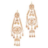 A PAIR OF GOLD CHANDELLIER EARRINGS in yellow gold, in chandelier design, unmarked, 11.5cm, 15.1g.