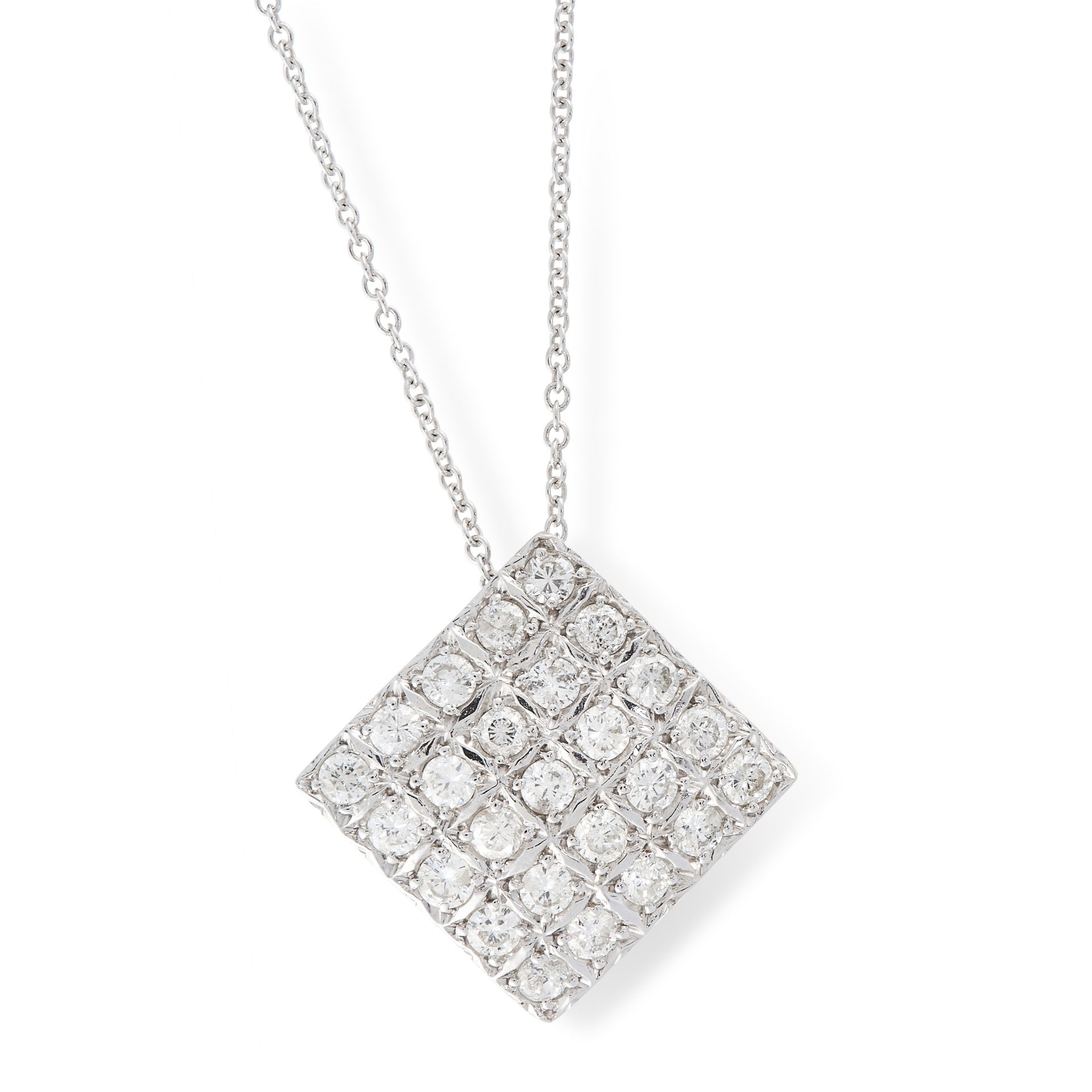 A DIAMOND PENDANT AND CHAIN in 18ct white gold, square design set with round cut diamonds