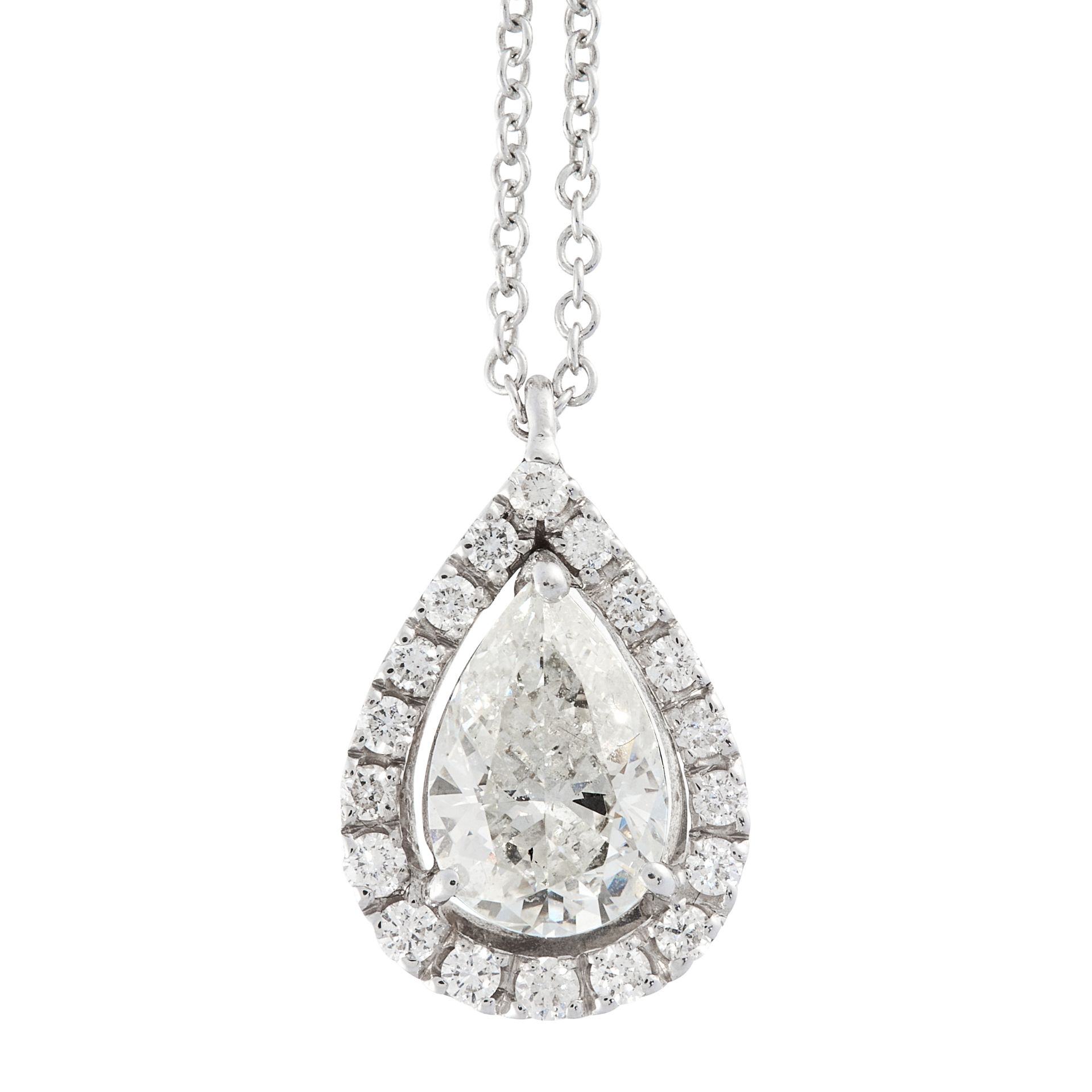 A DIAMOND PENDANT AND CHAIN in 18ct white gold, set with a pear cut diamond of approximately 1.00