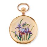 AN ENAMEL AND DIAMOND POCKET WATCH in 18ct yellow gold, set with rose cut diamonds and multicoloured