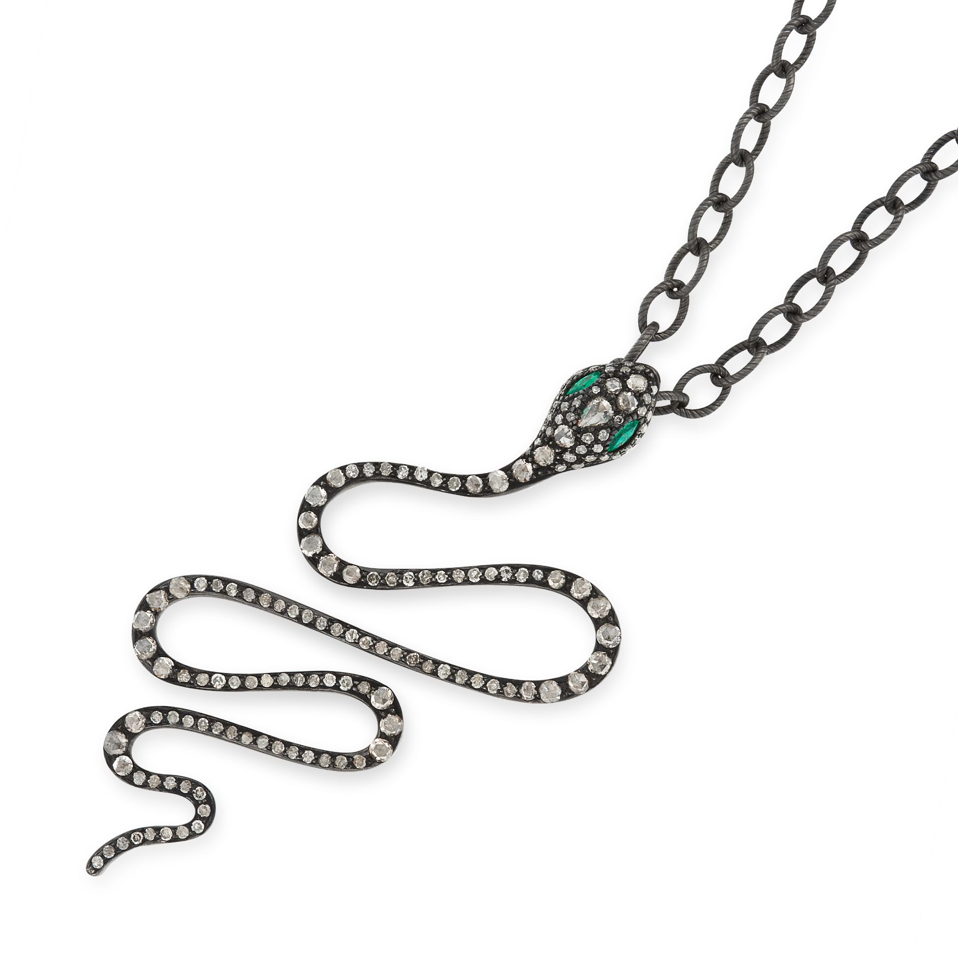 AN EMERALD AND DIAMOND SNAKE PENDANT AND CHAIN in the form of a snake, set with marquise cut emerald