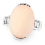 A CORAL AND DIAMOND DRESS RING in 18ct white gold, set with an oval cabochon coral of 2cm and