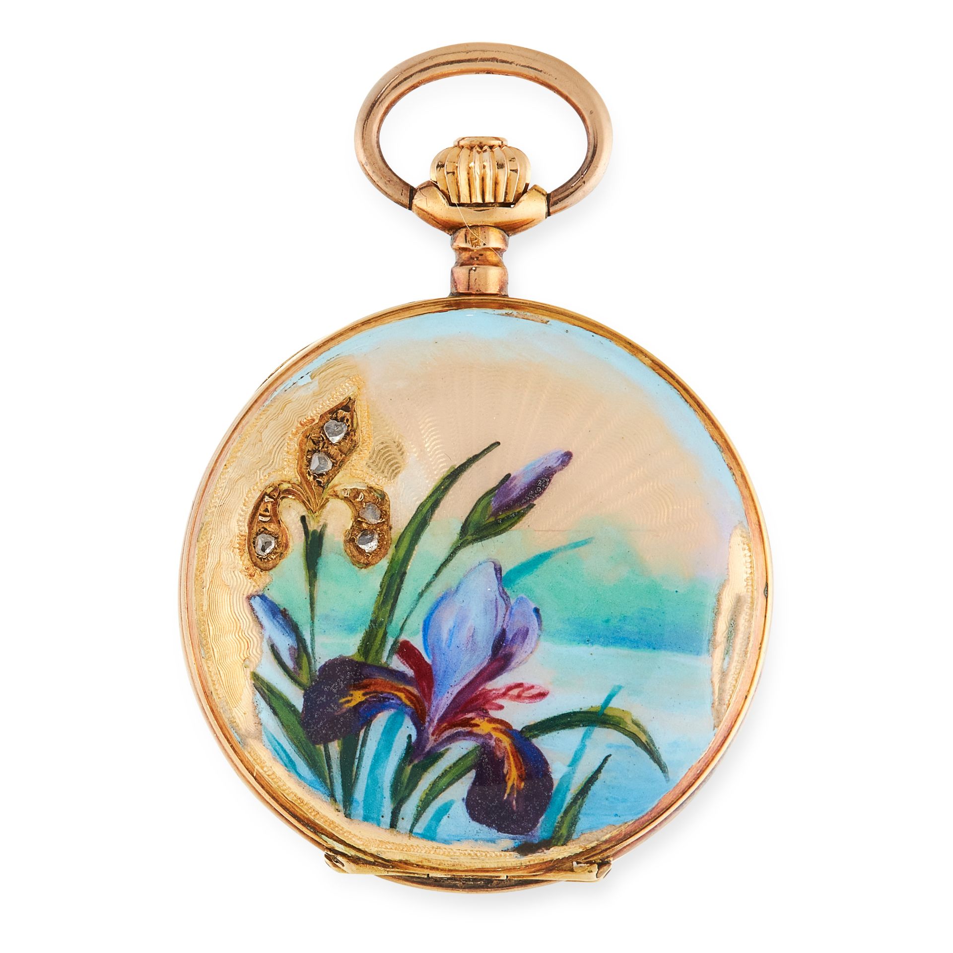 AN ENAMEL AND DIAMOND POCKET WATCH in 18ct yellow gold, set with rose cut diamonds and multicoloured - Bild 2 aus 2