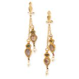 A PAIR OF ENAMEL, DIAMOND AND PEARL CLIP EARRINGS, INDIAN in 18ct yellow gold, set with red,