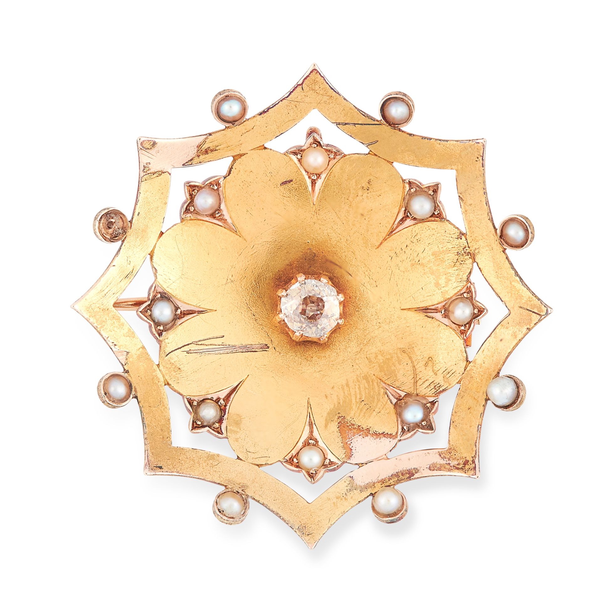 A DIAMOND AND PEARL BROOCH in floral design, set with a central round old cut diamond of 0.40 carats