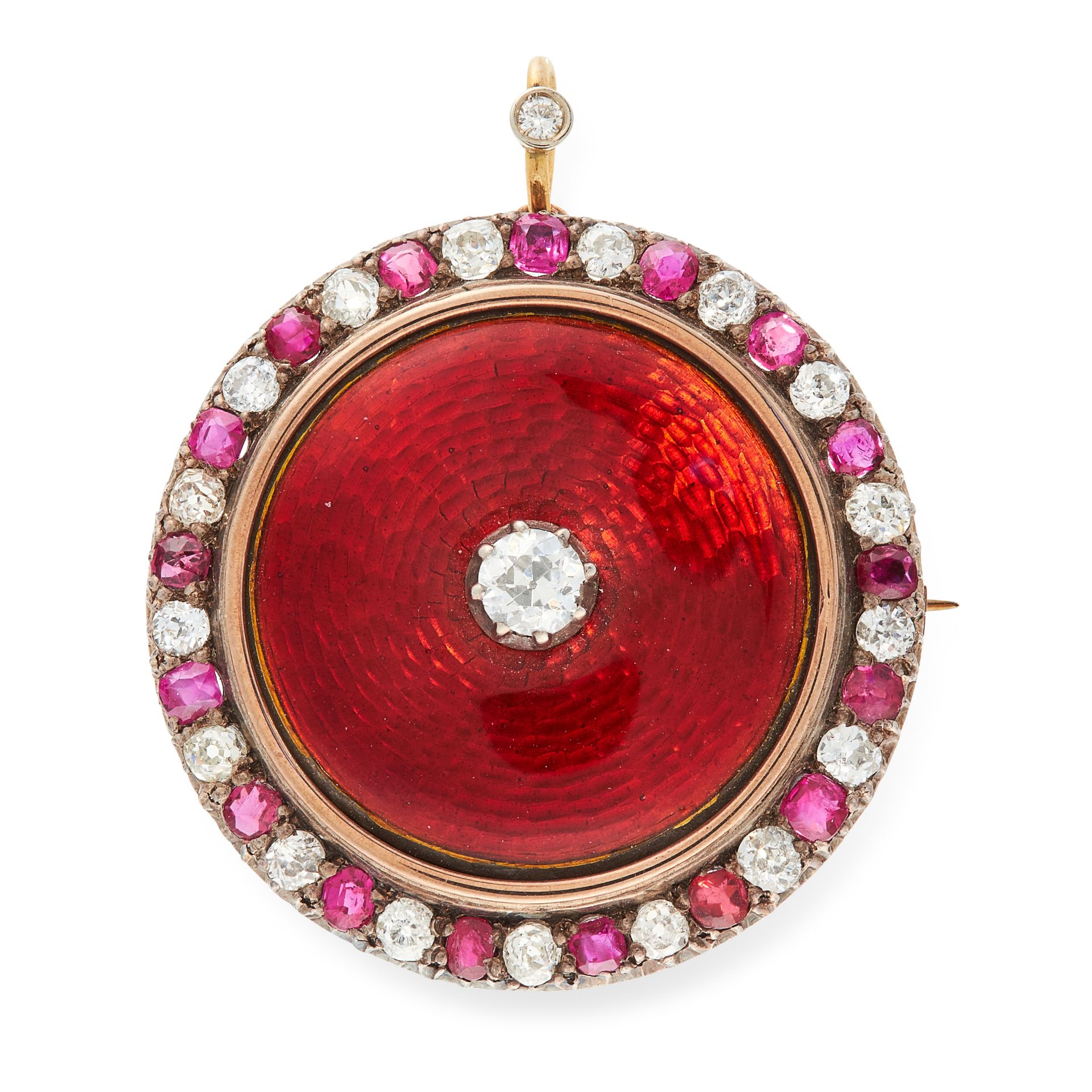 AN ANTIQUE ENAMEL, RUBY AND DIAMOND BROOCH in yellow gold and silver, in circular design, set with a