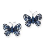 A PAIR OF SAPPHIRE AND DIAMOND BUTTERFLY STUD EARRINGS designed as a butterfly, set with round cut