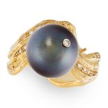 A TAHITIAN PEARL AND DIAMOND DRESS RING in 18ct yellow gold, in abstract design set with a