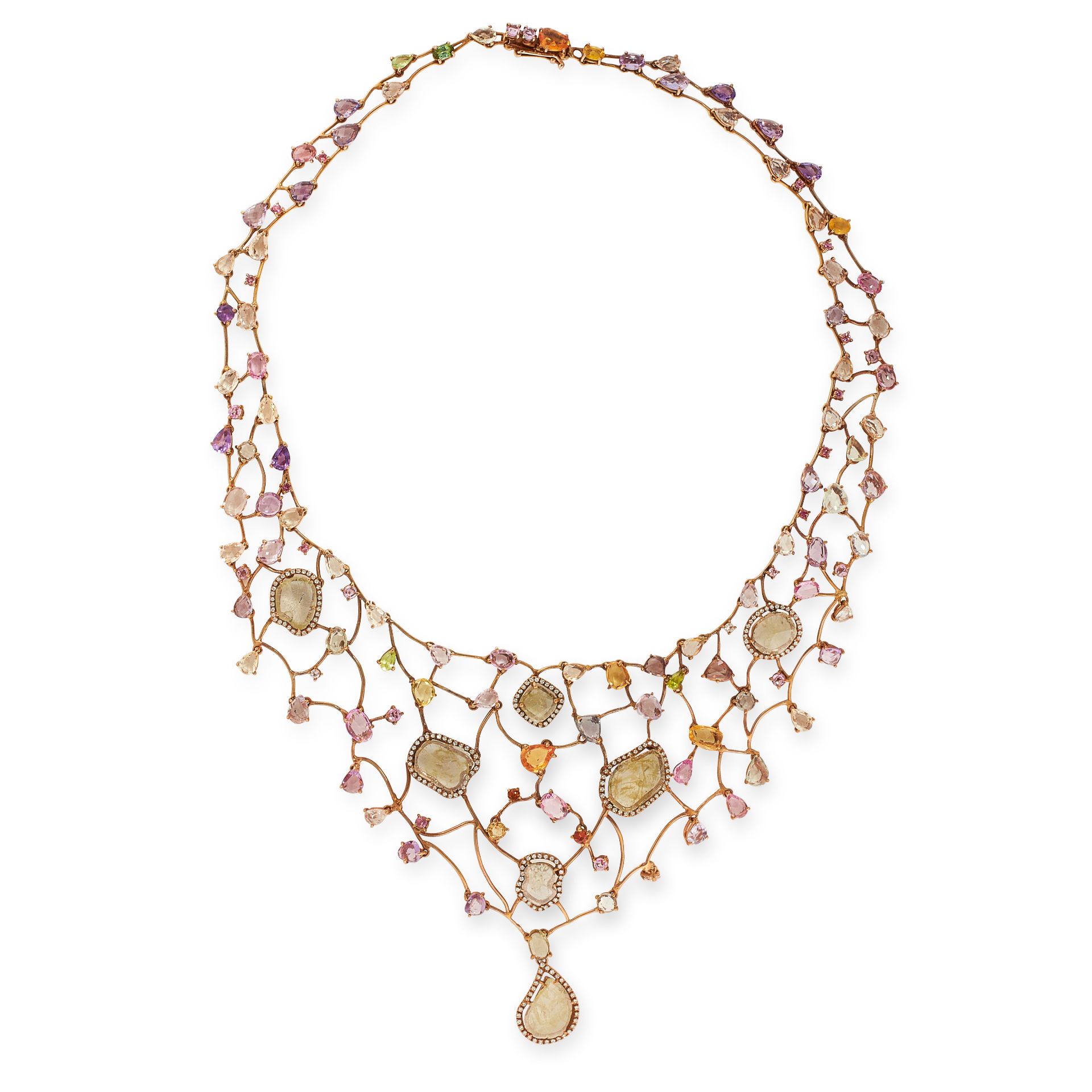 A DIAMOND AND SAPPHIRE COLLAR NECKLACE in 18ct rose gold, in open framework design, set with flat