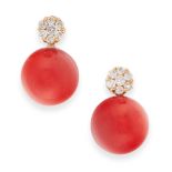 A PAIR OF CORAL AND DIAMOND EARRINGS in 18t yellow gold, set with cluster of round cut diamonds,