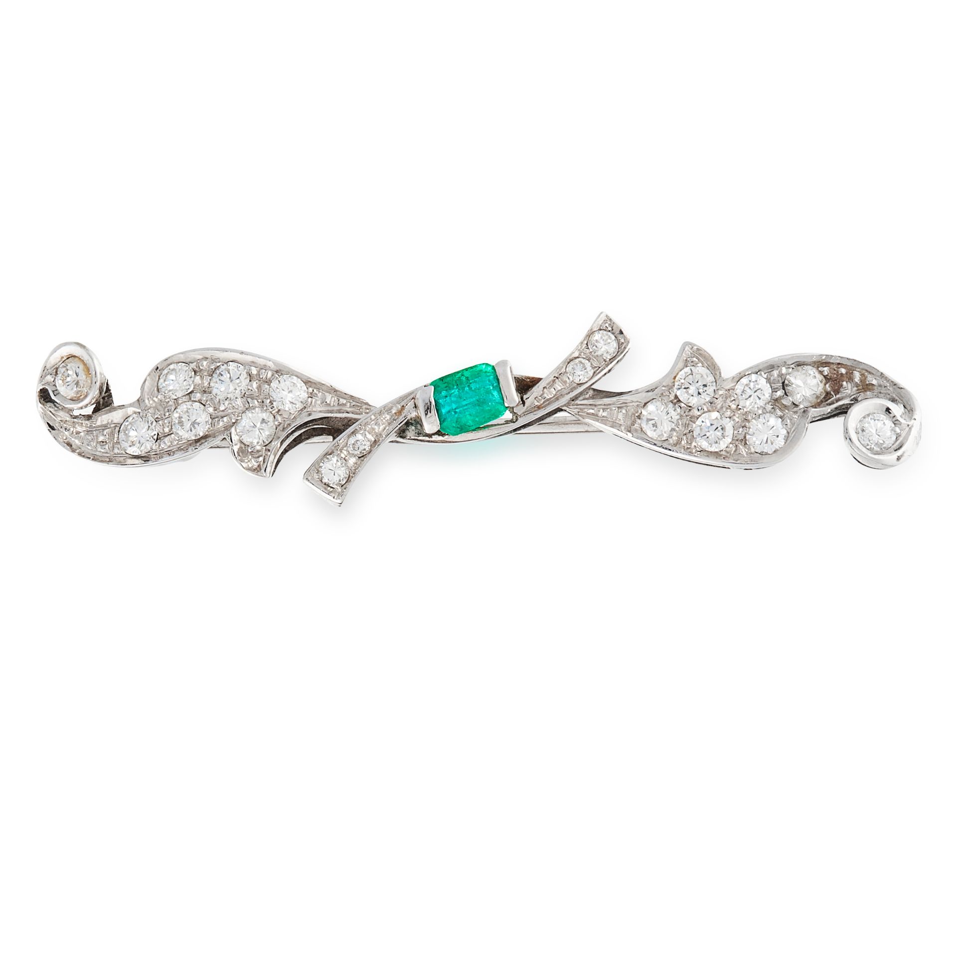 AN EMERALD AND DIAMOND BROOCH in bow design, set with a central emerald cut emerald and round cut