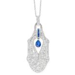 A SAPPHIRE AND DIAMOND PENDANT AND CHAIN in pierced open framework design, set with round cut