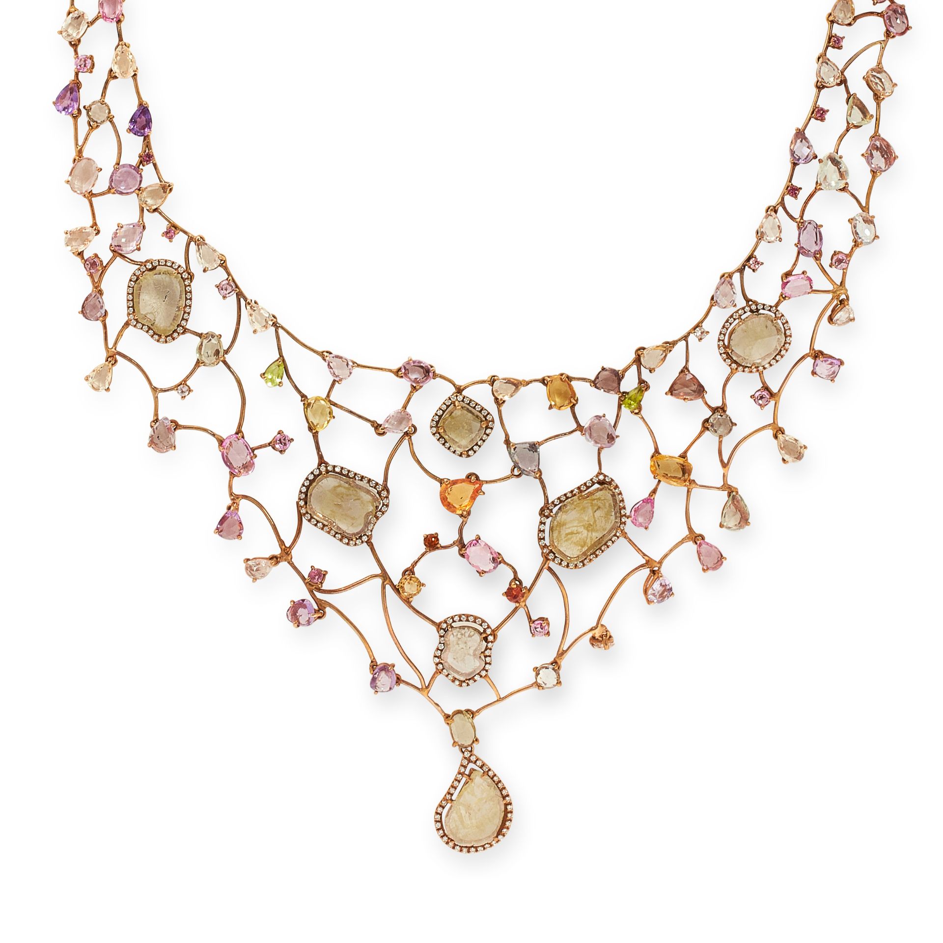 A DIAMOND AND SAPPHIRE COLLAR NECKLACE in 18ct rose gold, in open framework design, set with flat - Bild 2 aus 2