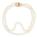 A TWO ROW PEARL AND DIAMOND NECKLACE in 18ct yellow gold, comprising of two rows of pearls, set with