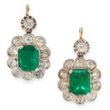 A PAIR OF EMERALD AND DIAMOND EARRINGS in yellow gold, each set with an emerald cut emerald of 2.