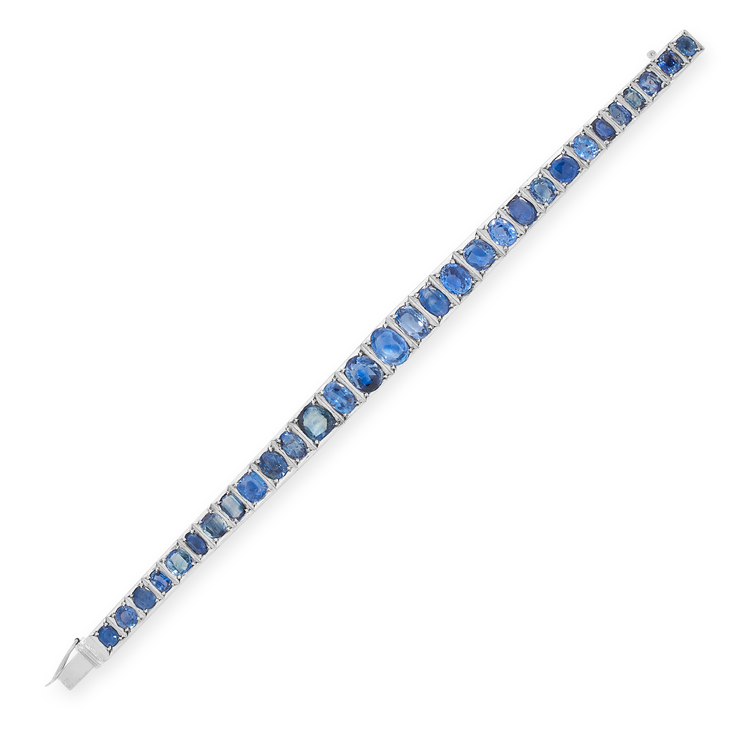 A SAPPHIRE BRACELET, EARLY 20TH CENTURY comprising a single row of thirty graduated cushion cut blue