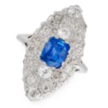 A SAPPHIRE AND DIAMOND DRESS RING in platinum, the navette shaped face set with a central cushion