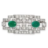 AN EMERALD AND DIAMOND BROOCH, EARLY 20TH CENTURY set with two oval cut emeralds within a