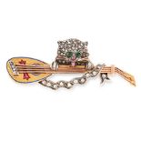 AN ANTIQUE DIAMOND, RUBY AND ENAMEL BROOCH in 18ct yellow gold and silver, depicting a cat hiding