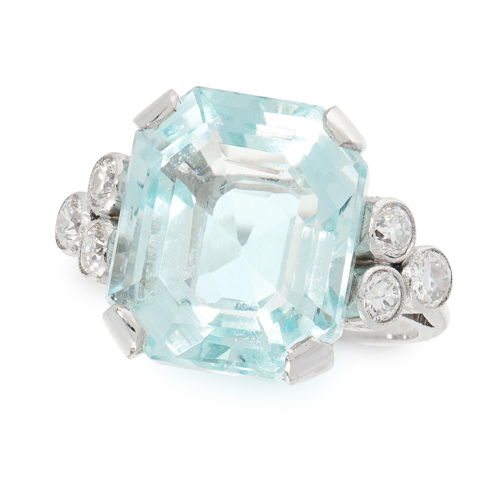 AN AQUAMARINE AND DIAMOND DRESS RING set with an emerald cut aquamarine of 15.22 carats between