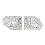 AN ART DECO MOONSTONE AND DIAMOND DOUBLE CLIP BROOCH, EARLY 20TH CENTURY set with a row of eight