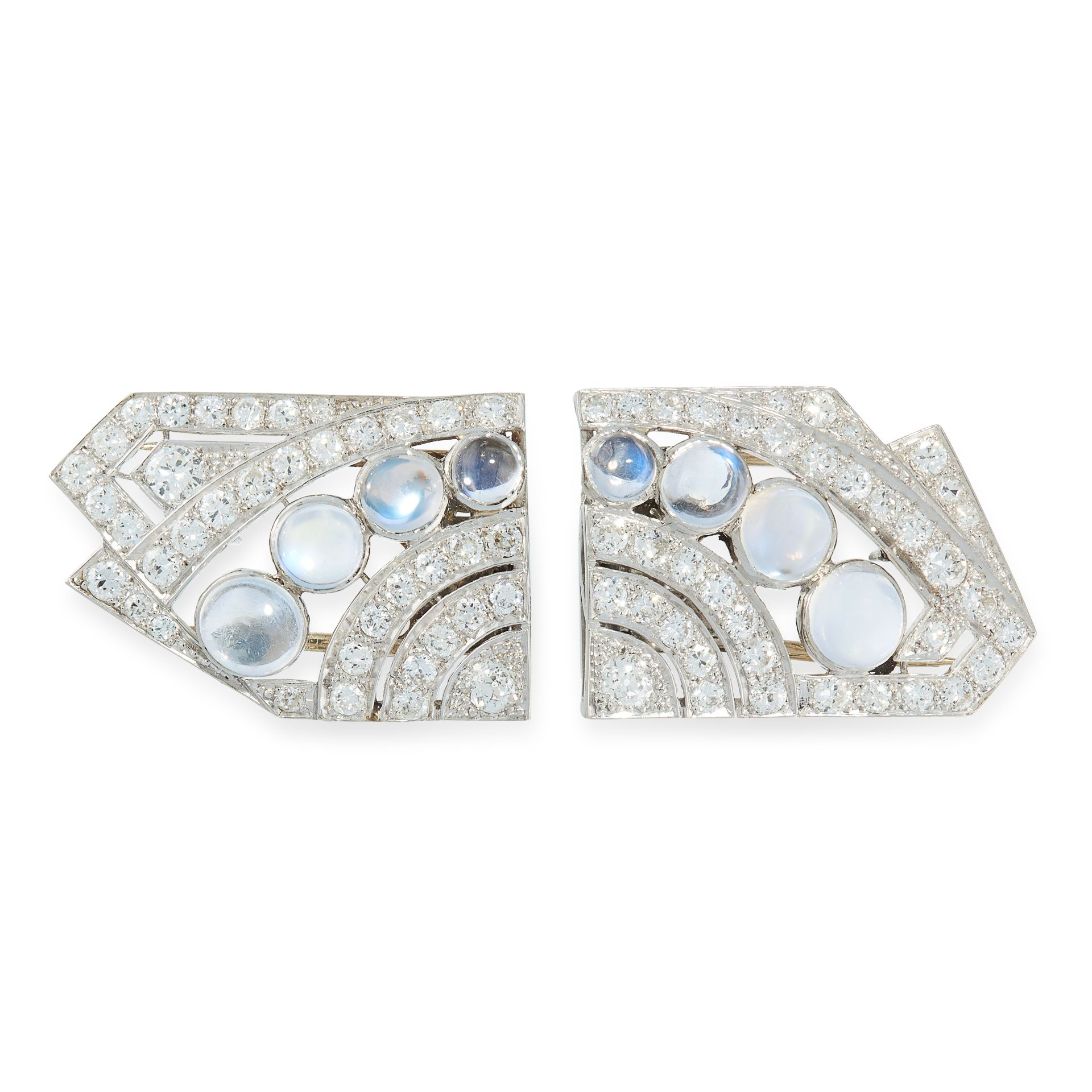 AN ART DECO MOONSTONE AND DIAMOND DOUBLE CLIP BROOCH, EARLY 20TH CENTURY set with a row of eight