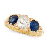 AN ANTIQUE VICTORIAN DIAMOND AND SAPPHIRE DRESS RING, 1889 in 18ct yellow gold, set with a central