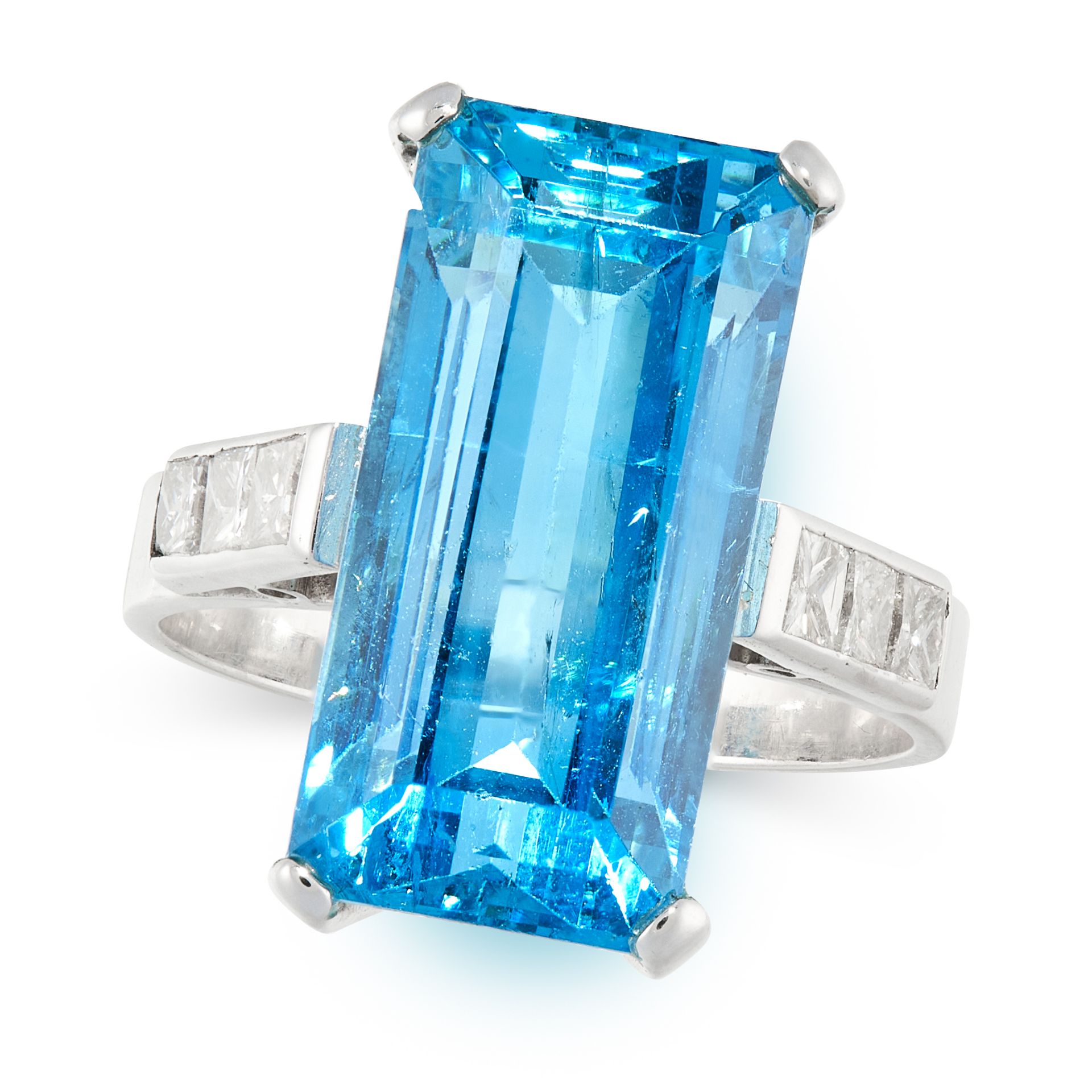 AN AQUAMARINE AND DIAMOND DRESS RING set with an emerald cut aquamarine of 12.58 carats, accented by