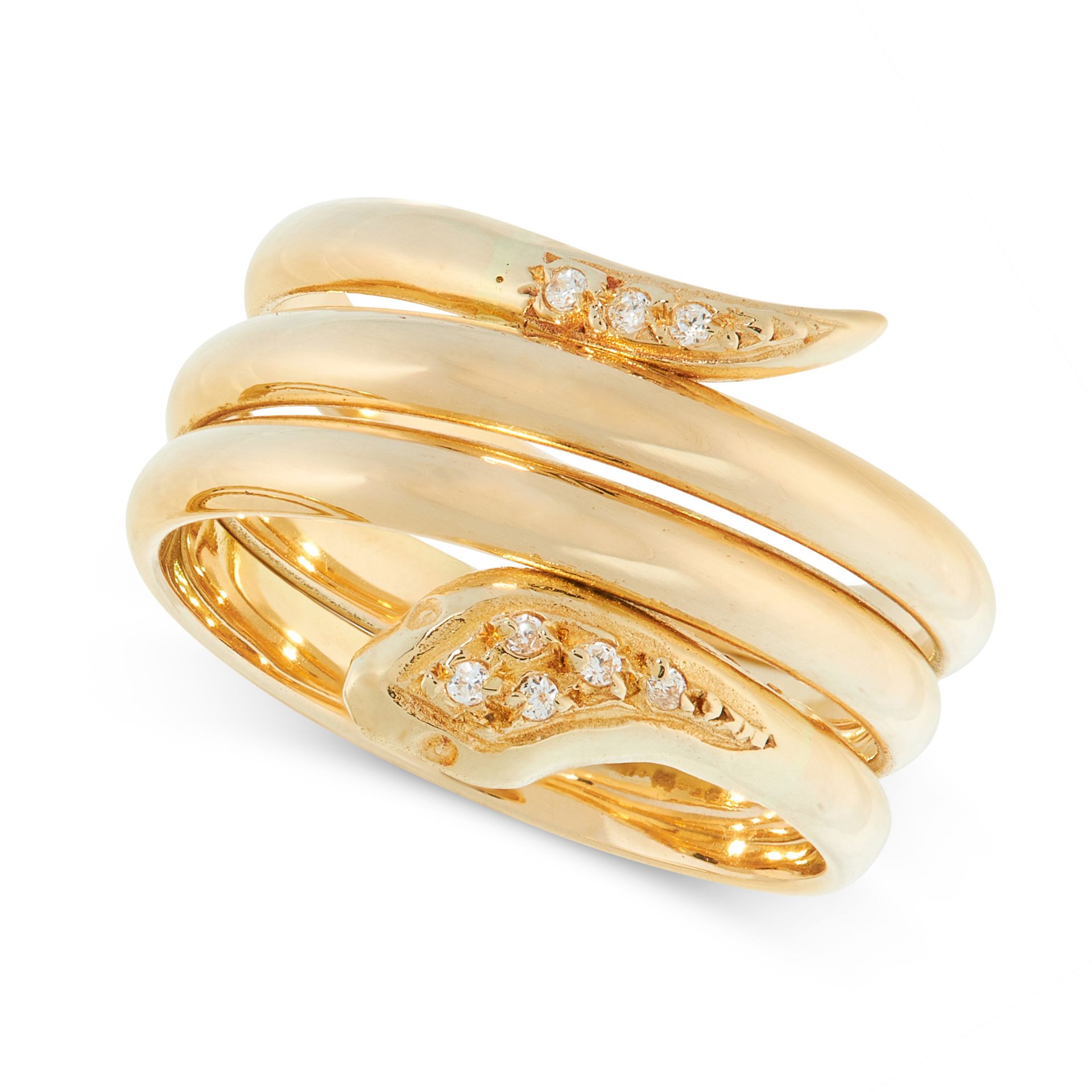 A DIAMOND SNAKE RING in yellow gold, in the form of a snake coiled around itself, set with round cut