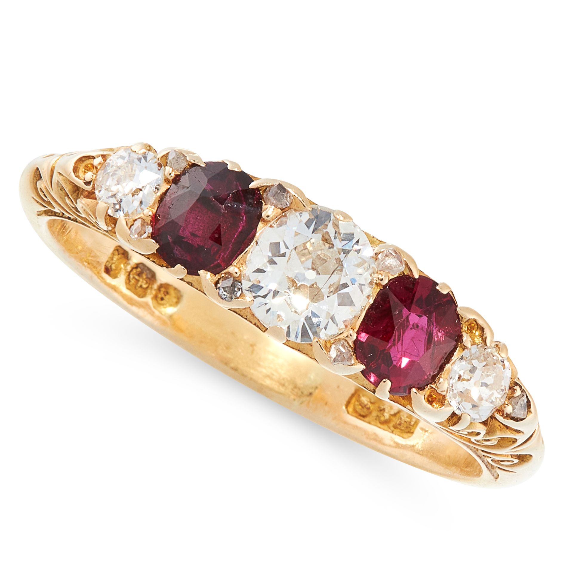 AN ANTIQUE VICTORIAN DIAMOND AND RUBY DRESS RING, 1897 in 18ct yellow gold, set with a trio of