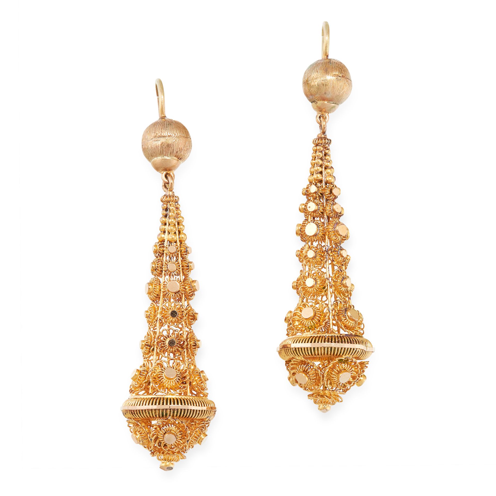 A PAIR OF ANTIQUE DROP EARRINGS, 19TH CENTURY in high carat yellow gold, the tapering articulated
