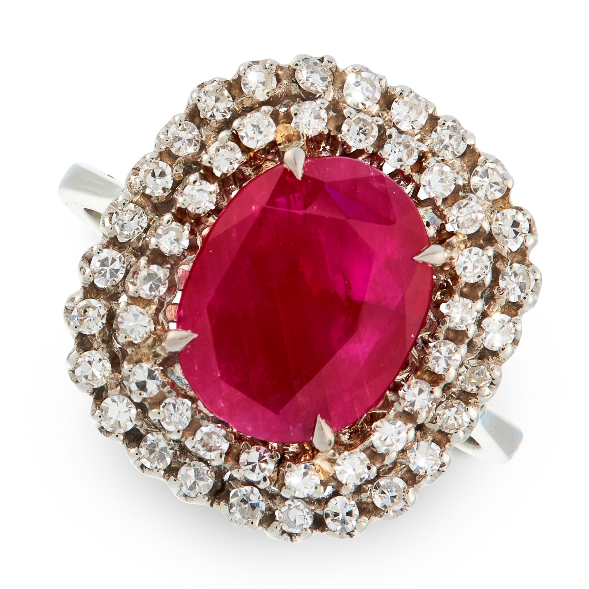 A BURMA NO HEAT RUBY AND DIAMOND RING in 18ct white gold, set with a cushion cut ruby of 2.93 carats