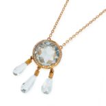 AN AQUAMARINE PENDANT NECKLACE, EARLY 20TH CENTURY in yellow gold, set with a round cut aquamarine