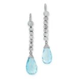 A PAIR OF AQUAMARINE AND DIAMOND EARRINGS in 18ct white gold, each set with a briolette cut