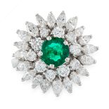 AN EMERALD AND DIAMOND CLUSTER RING in 18ct yellow gold, set with a round cut emerald of 1.18 carats