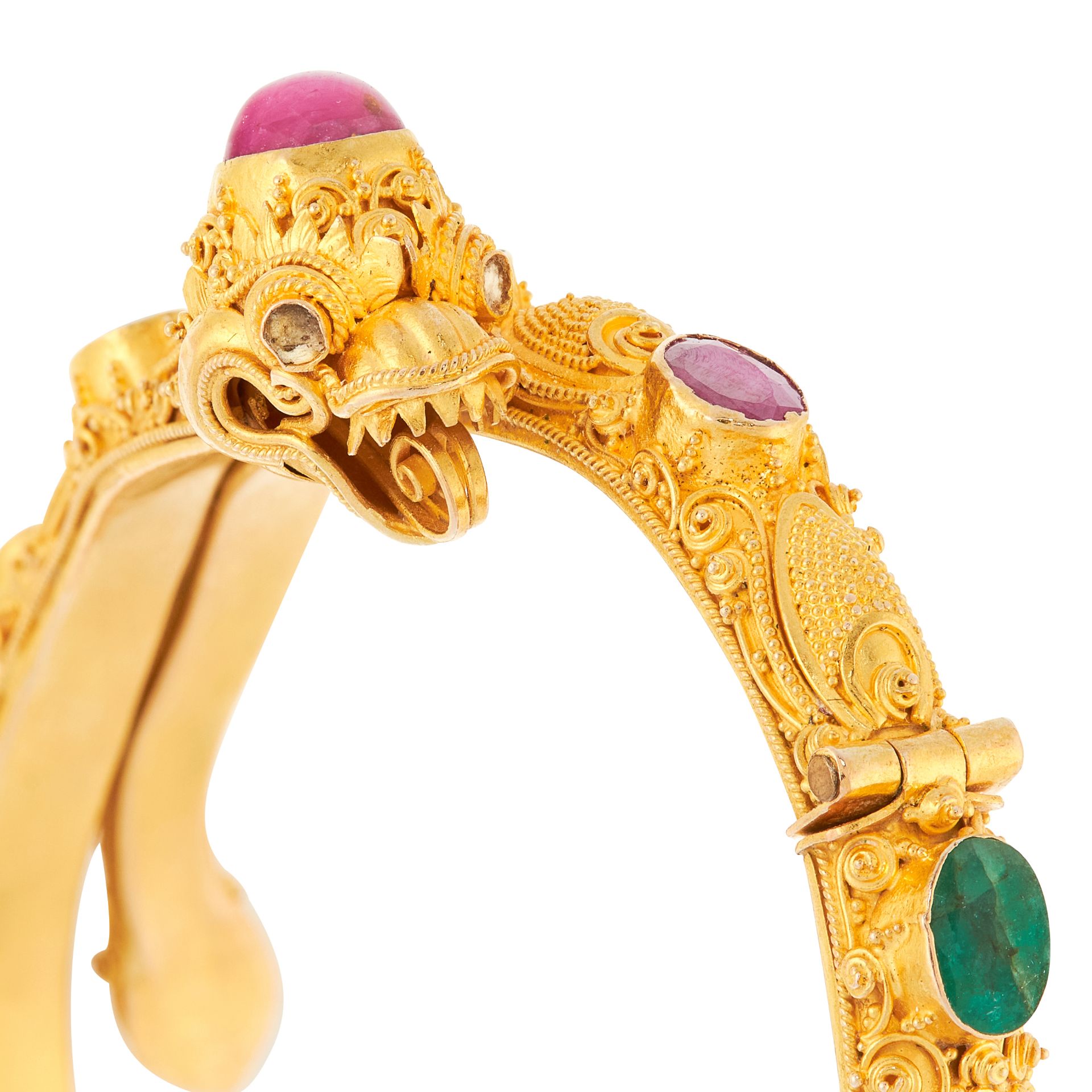 A RUBY AND EMERALD CHINESE DRAGON BANGLE in 22ct yellow gold, designed as the body of a dragon - Image 2 of 2