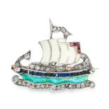 AN ANTIQUE SAPPHIRE, RUBY, DIAMOND AND ENAMEL GALLEON BROOCH, CIRCA 1910 designed as a galleon