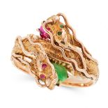 A CHINESE JADEITE JADE, RUBY AND EMERALD DRAGON DRESS RING in 14ct yellow gold, designed as two