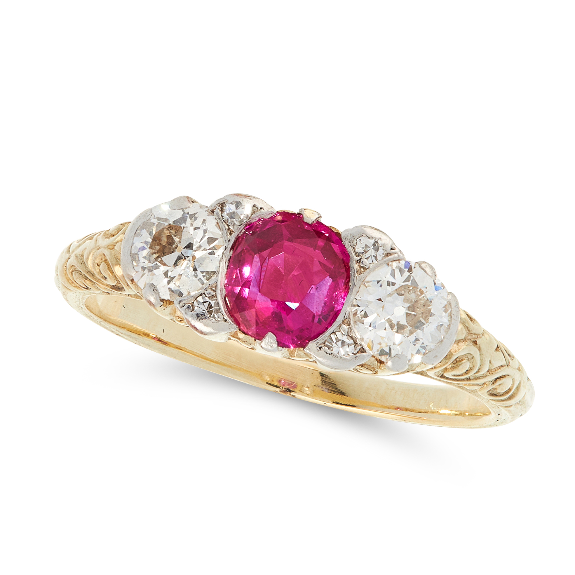 A BURMA NO HEAT RUBY AND DIAMOND DRESS RING in high carat yellow gold, set with a cushion cut ruby