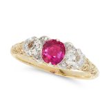 A BURMA NO HEAT RUBY AND DIAMOND DRESS RING in high carat yellow gold, set with a cushion cut ruby