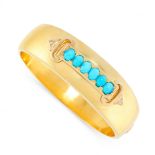 AN ANTIQUE TURQUOISE AND DIAMOND BANGLE, 19TH CENTURY in yellow gold, the band set with six