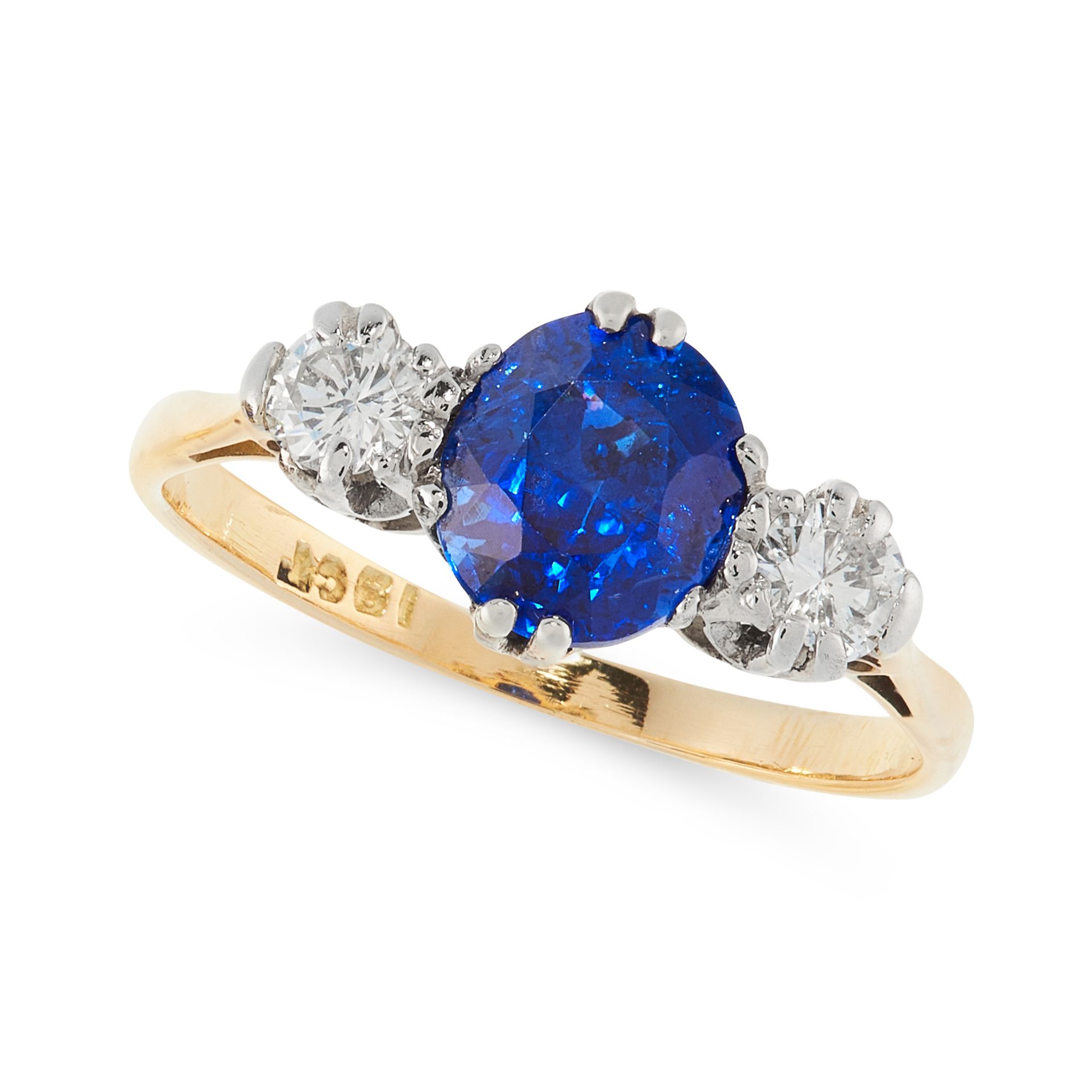 A SAPPHIRE AND DIAMOND DRESS RING in 18ct yellow gold, set with a cushion cut blue sapphire of 1.