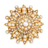 AN ANTIQUE PEARL BROOCH in yellow gold, the circular star burst design set allover with pearls,