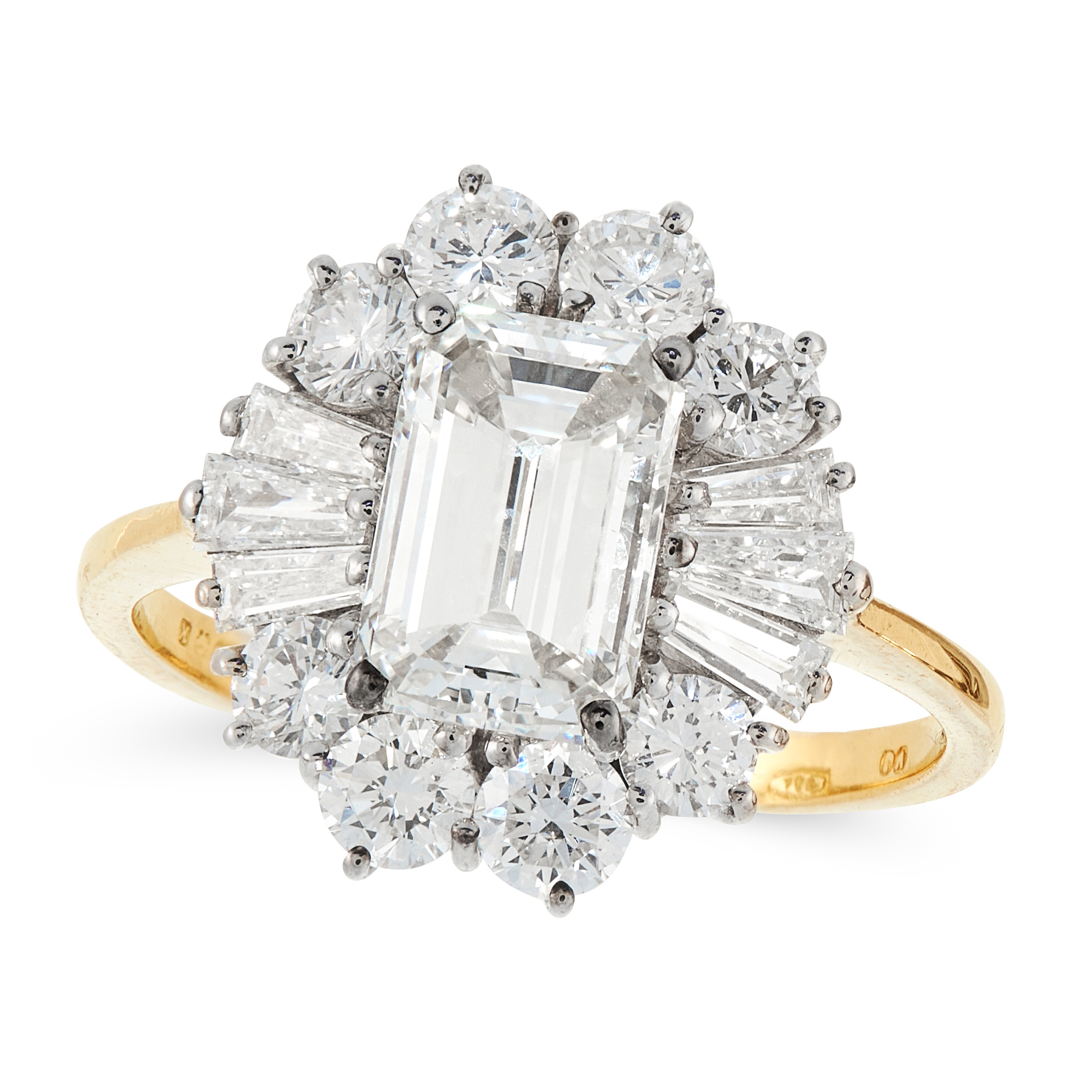 A DIAMOND DRESS RING in 18ct yellow and white gold, set with an emerald cut diamond of 1.66 carats